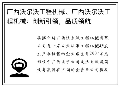 广西沃尔沃工程机械、广西沃尔沃工程机械：创新引领，品质领航